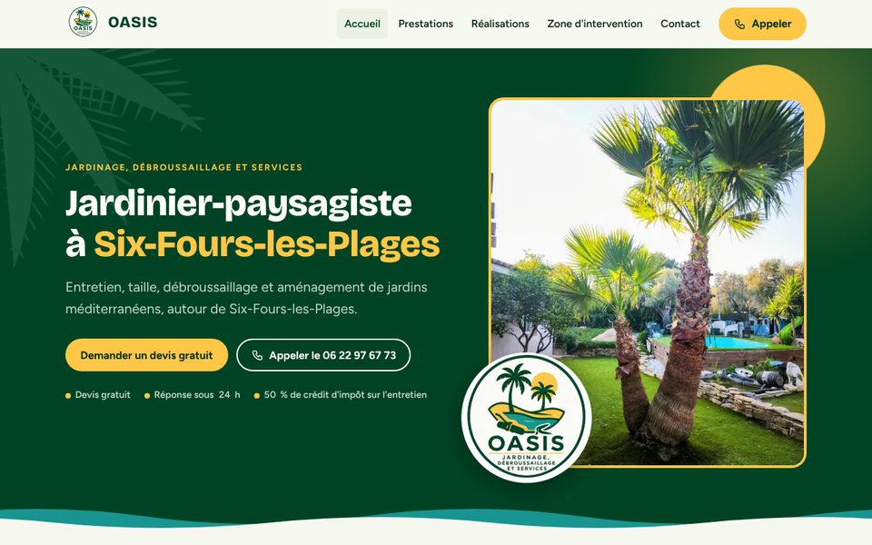 Page d'accueil du site Oasis, jardinier paysagiste à Six-Fours